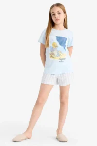 DeFacto Pajama Set Printed Short Sleeve Top with Elastic Waist Short Shorts Girl Child - Image 4