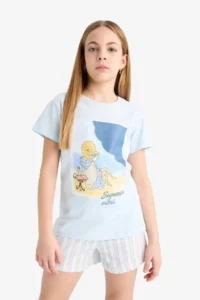 DeFacto Pajama Set Printed Short Sleeve Top with Elastic Waist Short Shorts Girl Child - Image 5