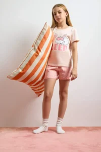DeFacto 100% Cotton Printed Elastic Waist Pajama Set Girl Child