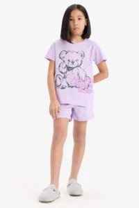 DeFacto 100% Cotton Teddy Bear Printed Elastic Waist Pajama Set Girl Child