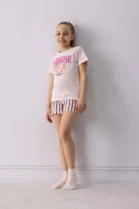 DeFacto Girl's Pajama Set Printed Short Sleeve T-Shirt Striped Shorts