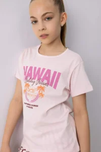 DeFacto Girl's Pajama Set Printed Short Sleeve T-Shirt Striped Shorts - Image 3