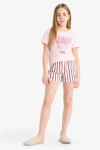 DeFacto Girl's Pajama Set Printed Short Sleeve T-Shirt Striped Shorts - Image 4