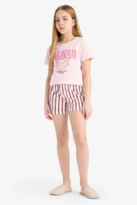 DeFacto Girl's Pajama Set Printed Short Sleeve T-Shirt Striped Shorts - Image 5