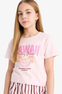 DeFacto Girl's Pajama Set Printed Short Sleeve T-Shirt Striped Shorts - Image 6