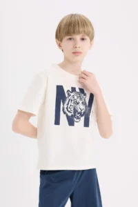 DeFacto 100% Cotton Printed Elastic Waist Pajama Set Boy - Image 3