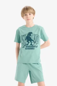 DeFacto 100% Cotton Printed Elastic Waist Pajama Set Boy - Image 3