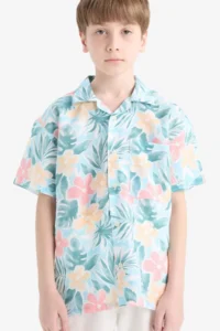 DeFacto Oversize Wide Fit Polo Neck Patterned Cotton Short Sleeve Shirt Boy