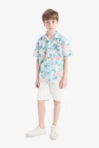 DeFacto Oversize Wide Fit Polo Neck Patterned Cotton Short Sleeve Shirt Boy - Image 2