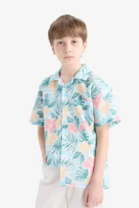 DeFacto Oversize Wide Fit Polo Neck Patterned Cotton Short Sleeve Shirt Boy - Image 3