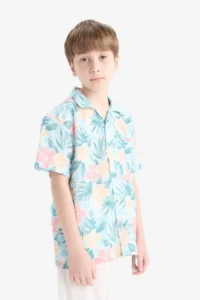 DeFacto Oversize Wide Fit Polo Neck Patterned Cotton Short Sleeve Shirt Boy - Image 4