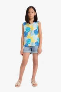 DeFacto Crew Neck Patterned Sleeveless Blouse Girl Child - Image 2