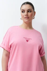 Trendyol Curve Pink Printed Oversized 100% Cotton Knitting T-Shirt - Image 3