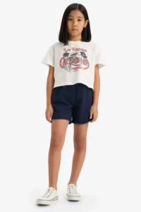 DeFacto Cotton 2-Piece Set Printed Short Sleeve T-Shirt Elastic Waist Shorts Girl Child