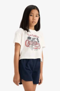 DeFacto Cotton 2-Piece Set Printed Short Sleeve T-Shirt Elastic Waist Shorts Girl Child - Image 2