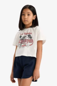 DeFacto Cotton 2-Piece Set Printed Short Sleeve T-Shirt Elastic Waist Shorts Girl Child - Image 3