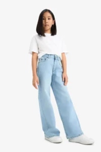 DeFacto Straight Wide Standard Leg Jean Trousers Girl - Image 3