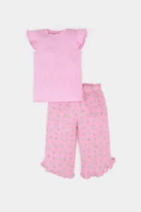DeFacto Crinkle Viscose 2-Piece Set Short Sleeve T-Shirt Elastic Waist Floral Trousers Baby Girl