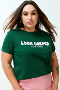 Trendyol Curve dark Green Slogan Printed relaxed 100% Cotton Knitting Plus Size T-Shirt - Image 2