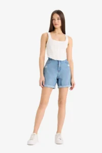 DeFacto Boyfriend High Waist Pocket Folded Leg Ripped Detailed Jean Shorts
