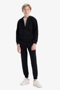 DeFacto Hooded School Zippered Black Boy's Cardigan X5844A6/BK81 - Image 2