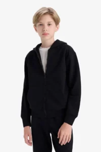 DeFacto Hooded School Zippered Black Boy's Cardigan X5844A6/BK81 - Image 3