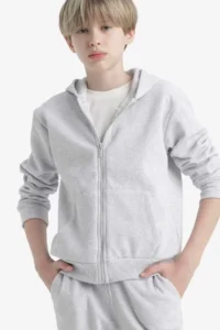 DeFacto Hooded School Zippered Gray Boy's Cardigan X5844A6/GR400