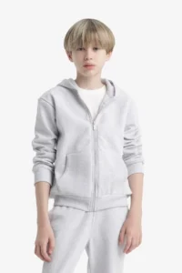 DeFacto Hooded School Zippered Gray Boy's Cardigan X5844A6/GR400 - Image 3