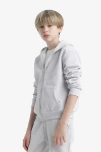 DeFacto Hooded School Zippered Gray Boy's Cardigan X5844A6/GR400 - Image 4
