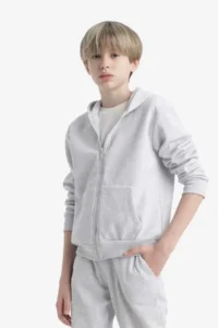 DeFacto Hooded School Zippered Gray Boy's Cardigan X5844A6/GR400 - Image 5