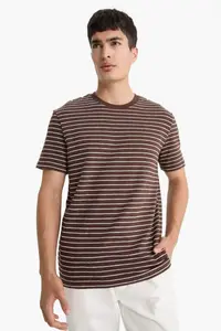 DeFacto Regular Fit Crew Neck Striped Short Sleeve T-Shirt - Image 3