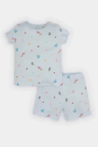DeFacto Baby Girl Pajama Set Patterned Short Sleeve Combed Cotton Top Shorts with Elastic Waist