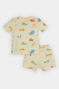 DeFacto Pajama Set Patterned Short Sleeve Combed Cotton Top with Elastic Waist Shorts for Baby Boy