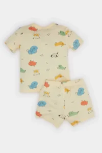 DeFacto Pajama Set Patterned Short Sleeve Combed Cotton Top with Elastic Waist Shorts for Baby Boy - Image 4