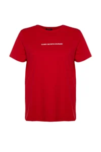 Trendyol Curve Red relaxed Fit Slogan Printed Crew Neck 100% Cotton Knitting Plus Size T-Shirt - Image 7