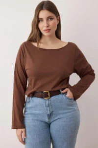 Trendyol Curve Brown-Beige 2 Sets Paket 100% Cotton Asymmetric Boat Neck Crop Knitting T-Shirt - Image 5