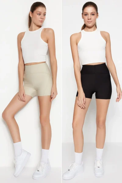 TRENDYOLMİLLA Black-Stone 2 Sets Paket Shaping Knitting Sports Shorts/Short Leggings