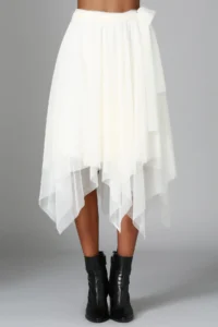 Quincey Women's White Double Lined Asymmetrical Tulle Skirt Ek2340 - Image 2