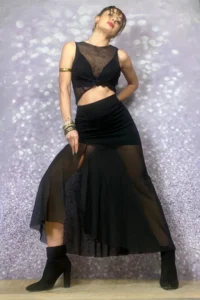 Quincey  TULLE DETAIL SLIPPED NIGHT-CUT BLACK SKIRT - Image 2