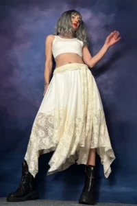 Quincey Ecru Lace DETAYLI Tulle Asymmetric Skirt - Image 4