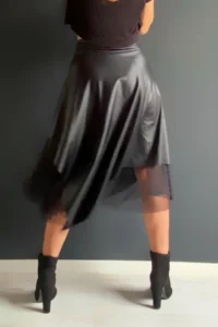 Quincey Leather Tulle slit Asymmetric Skirt - Image 4