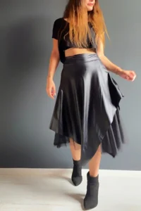 Quincey Leather Tulle slit Asymmetric Skirt - Image 6