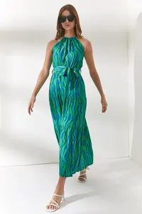 Olalook Women's Zebra Green Halter Collar Belted Woven Viscon Dress - Image 2