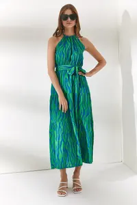 Olalook Women's Zebra Green Halter Collar Belted Woven Viscon Dress - Image 3