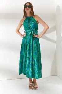 Olalook Women's Zebra Green Halter Collar Belted Woven Viscon Dress - Image 4
