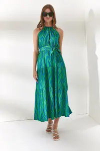 Olalook Women's Zebra Green Halter Collar Belted Woven Viscon Dress - Image 5