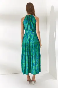 Olalook Women's Zebra Green Halter Collar Belted Woven Viscon Dress - Image 6