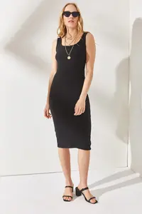 Olalook Women's Black Thick Strap Lycra Midi Dress - Image 2