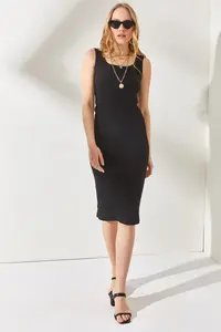 Olalook Women's Black Thick Strap Lycra Midi Dress - Image 4