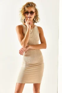 Olalook Women Beige Barbell Collar Ribbed Dress - Image 6